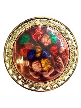 Vintage Reverse Carved Lucite Brooch Gold Tone Floral Pin 1950s New Old Stock